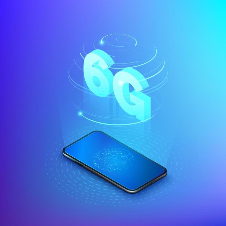 6g-fast-mobile-networks-mobile-phone-with-global-network-on-screen-and-hologram-of-wireless-networks-with-isometric-text-6g-inside-technology-background-illustration-vector