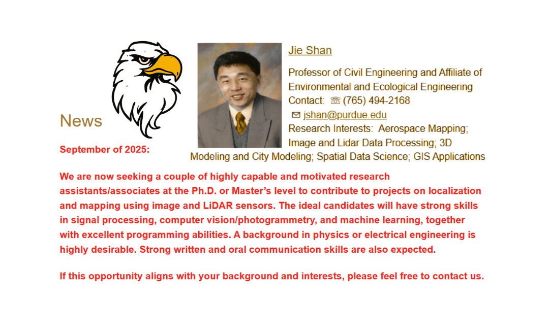 Research Assistant Position in Image & LiDAR Mapping at Purdue (Professor Jie Shan) – 2026